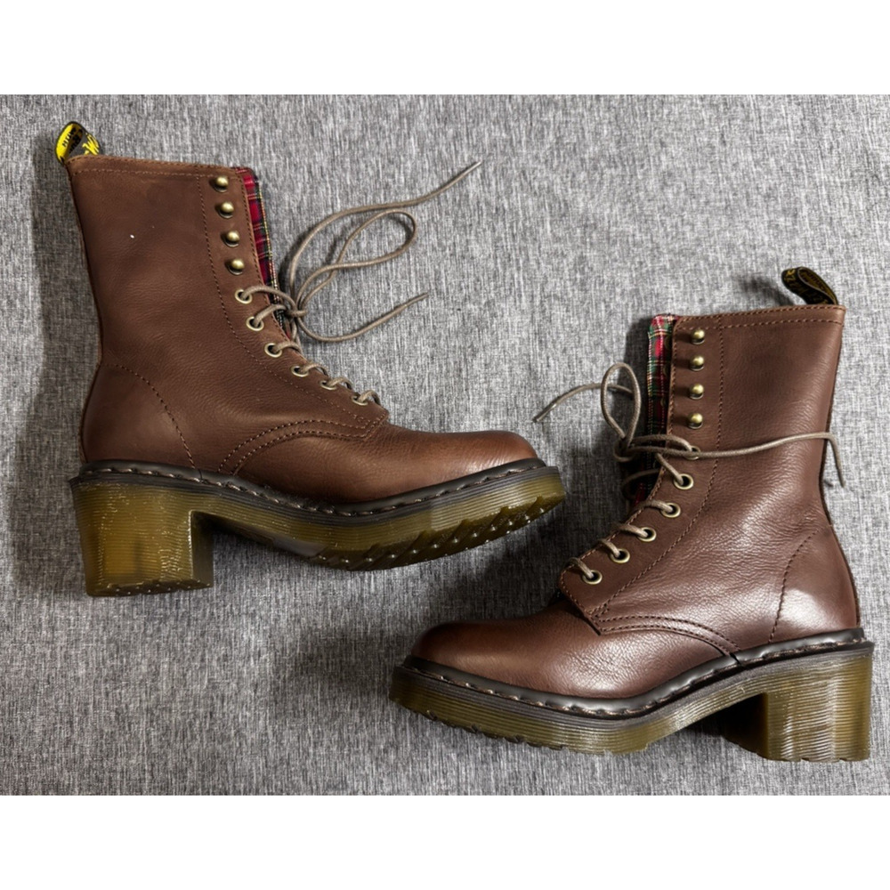 Dr. Martens Boots CASEY Brown Leather Plaid Airwair Rugged Laced Heel Size 6 - Picture 6 of 8